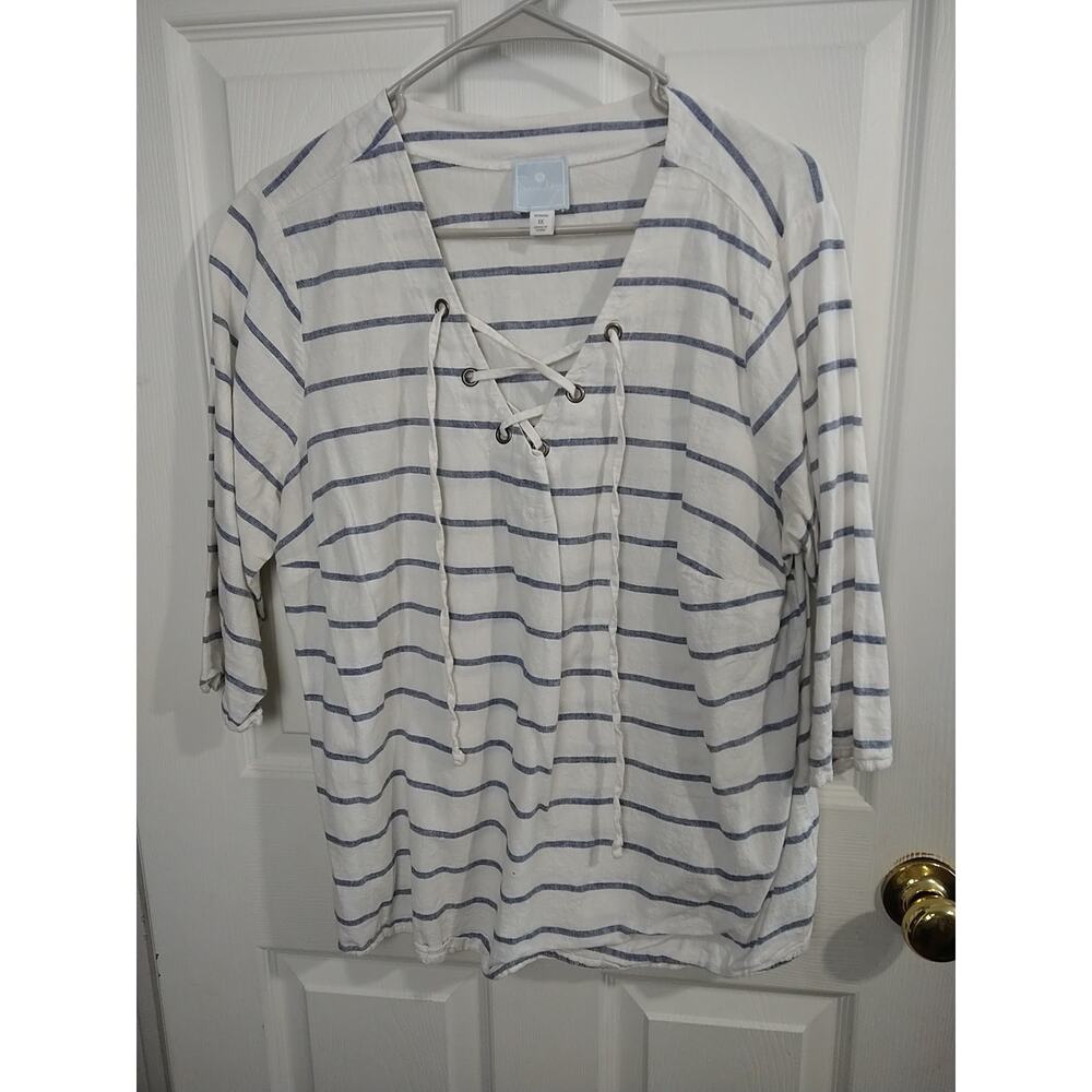 Sunday Woman 1X Blouse Pullover V Lace Neckline Blue White Striped Linen Blend